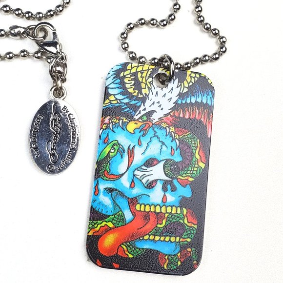 ED HARDY By Christian Audigier VINTAGE Style Necklace / Skull Dog Tag - Picture 2 of 6